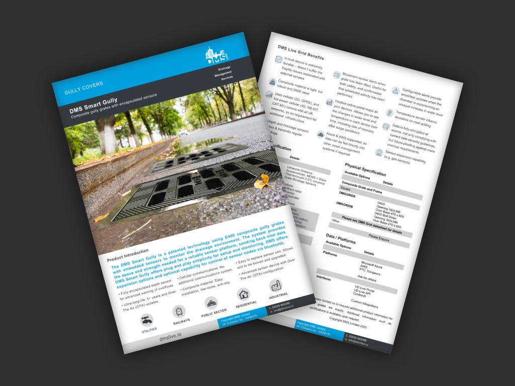 Image of the pages of the UDlive Smart Gully datasheet.